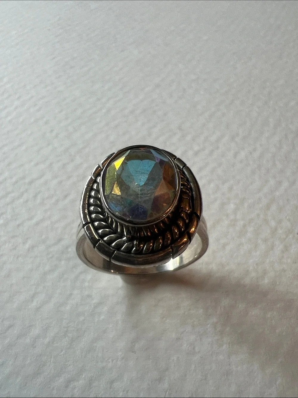 Sterling Silver Aura Glass Stone Statement Ring - Iridescent